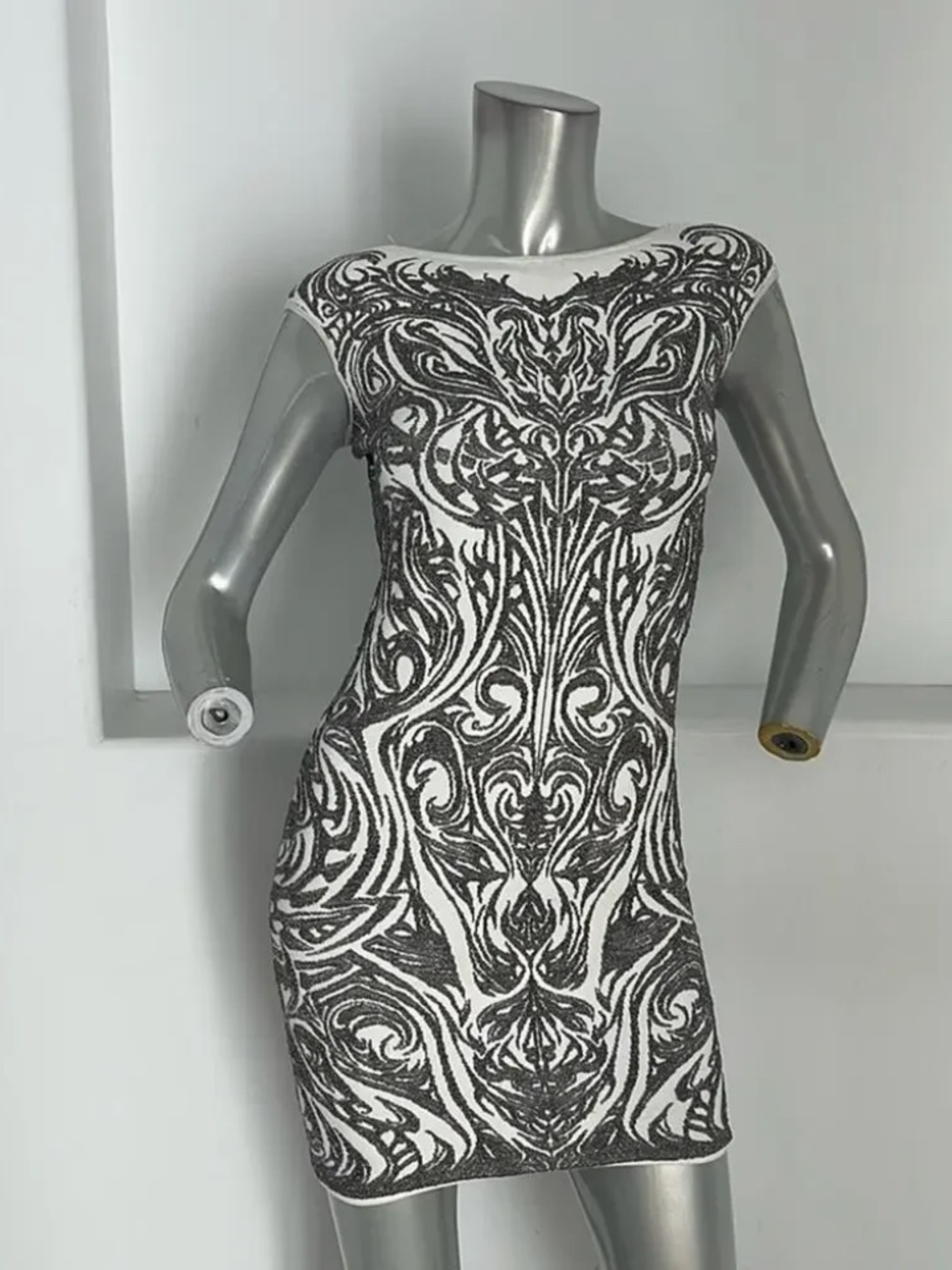 RVN Phoenix Embroidery Jacquard DressIn Silver Lurex White $580